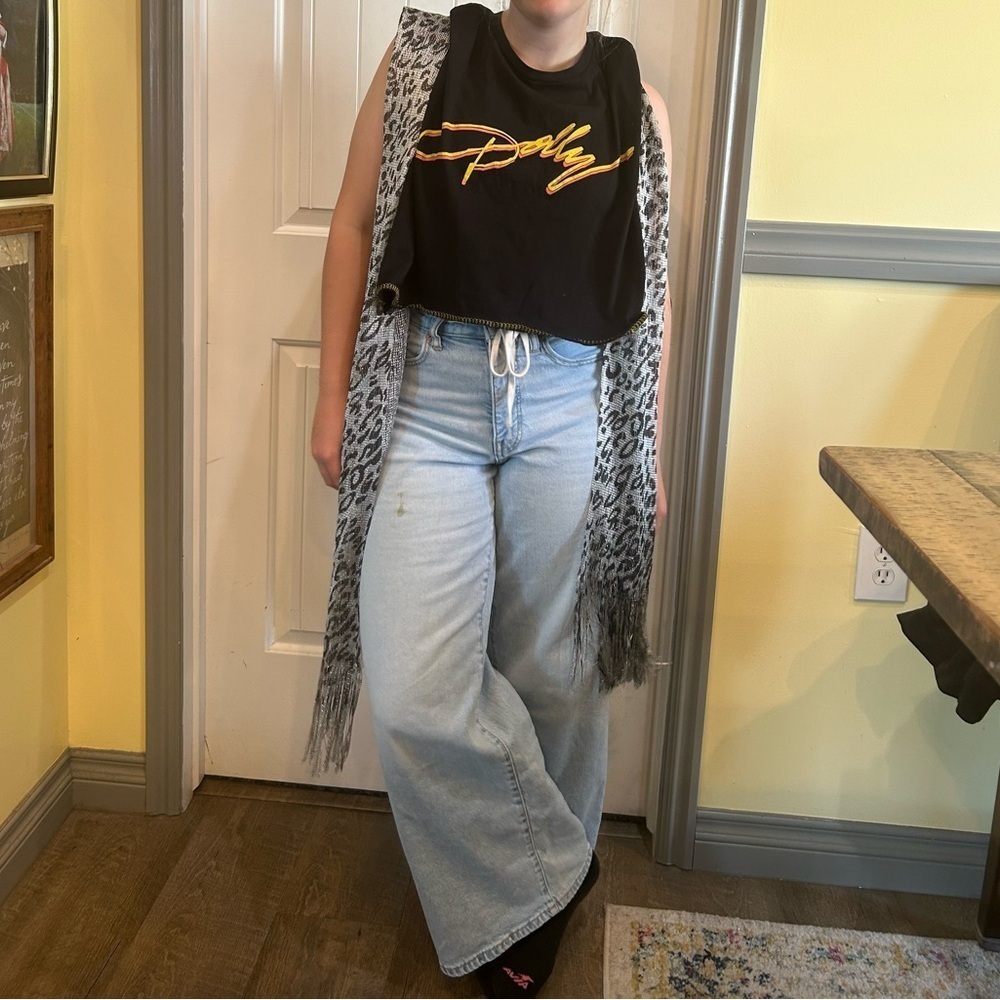 Dolly  Graphic Tee up-cycled with Leopard Print Scarf/fringe